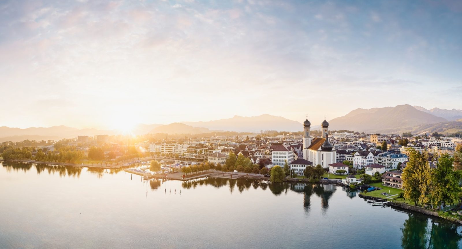 Aerial view, Schwyz, Lachen, Obersee, sunrise, marina, baroque church